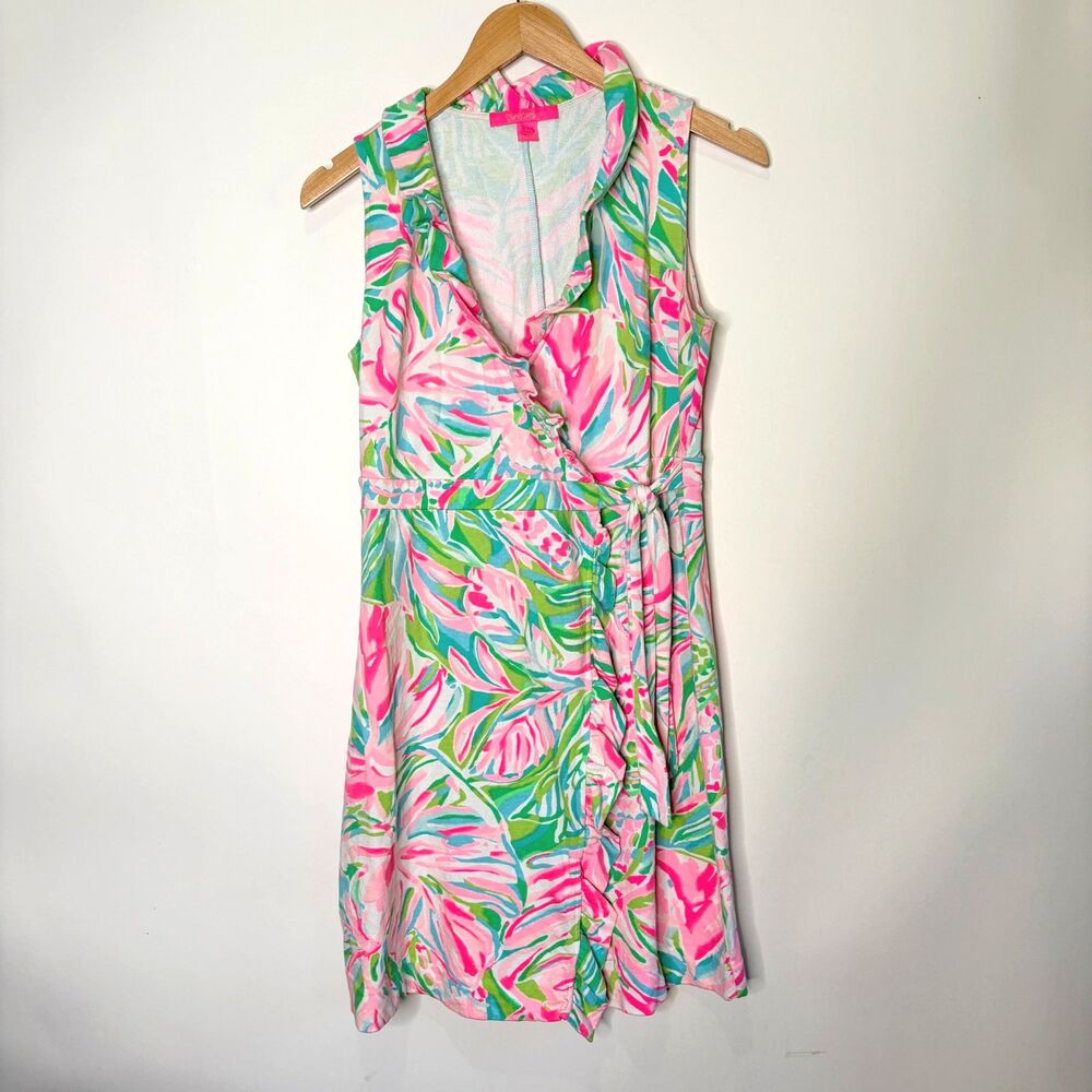 Lilly Pulitzer Romee Wrap Dress V-Neck Ruffle Pink Tropical Beach Resortwear S